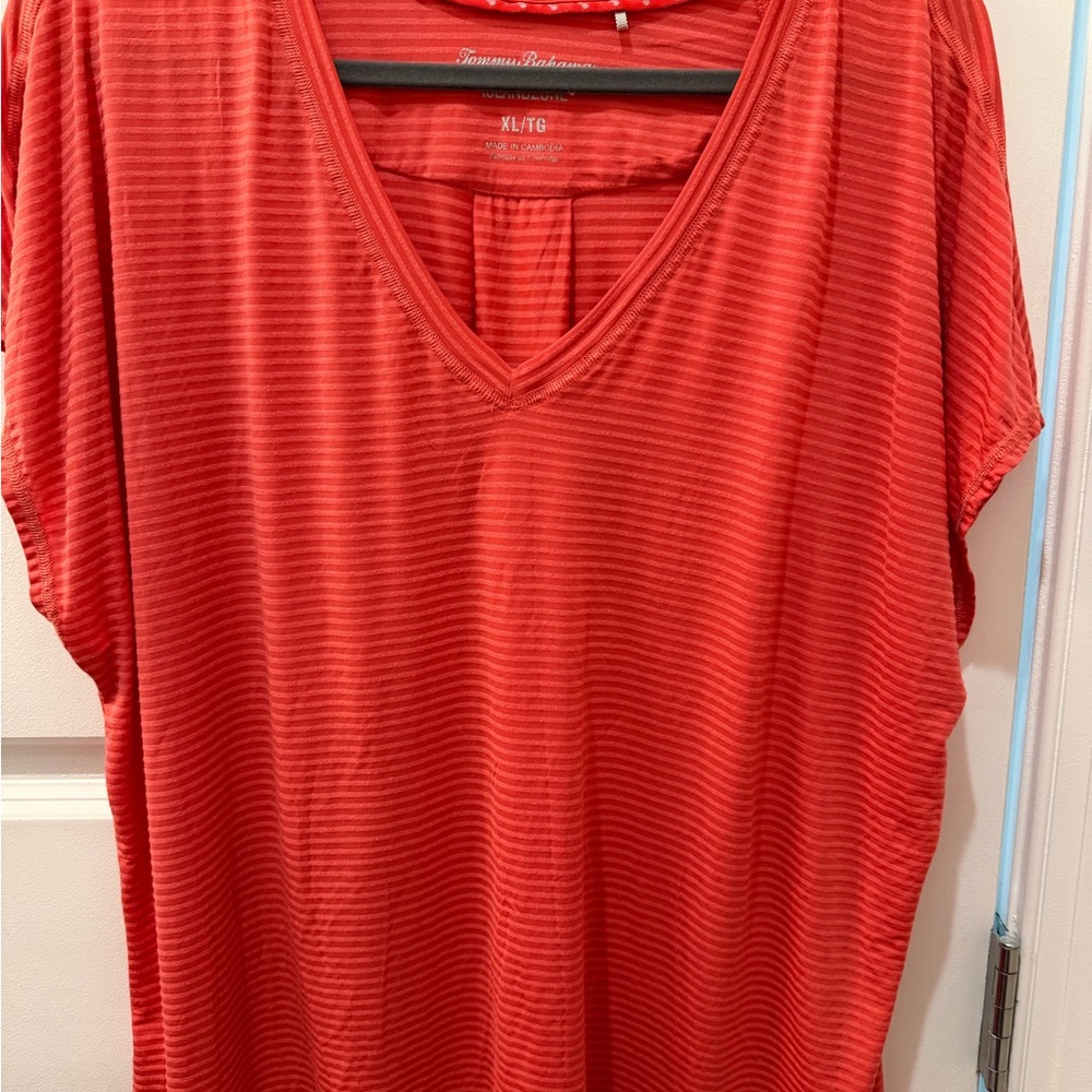 Tommy Bahama Striped Red V-Neck Tee